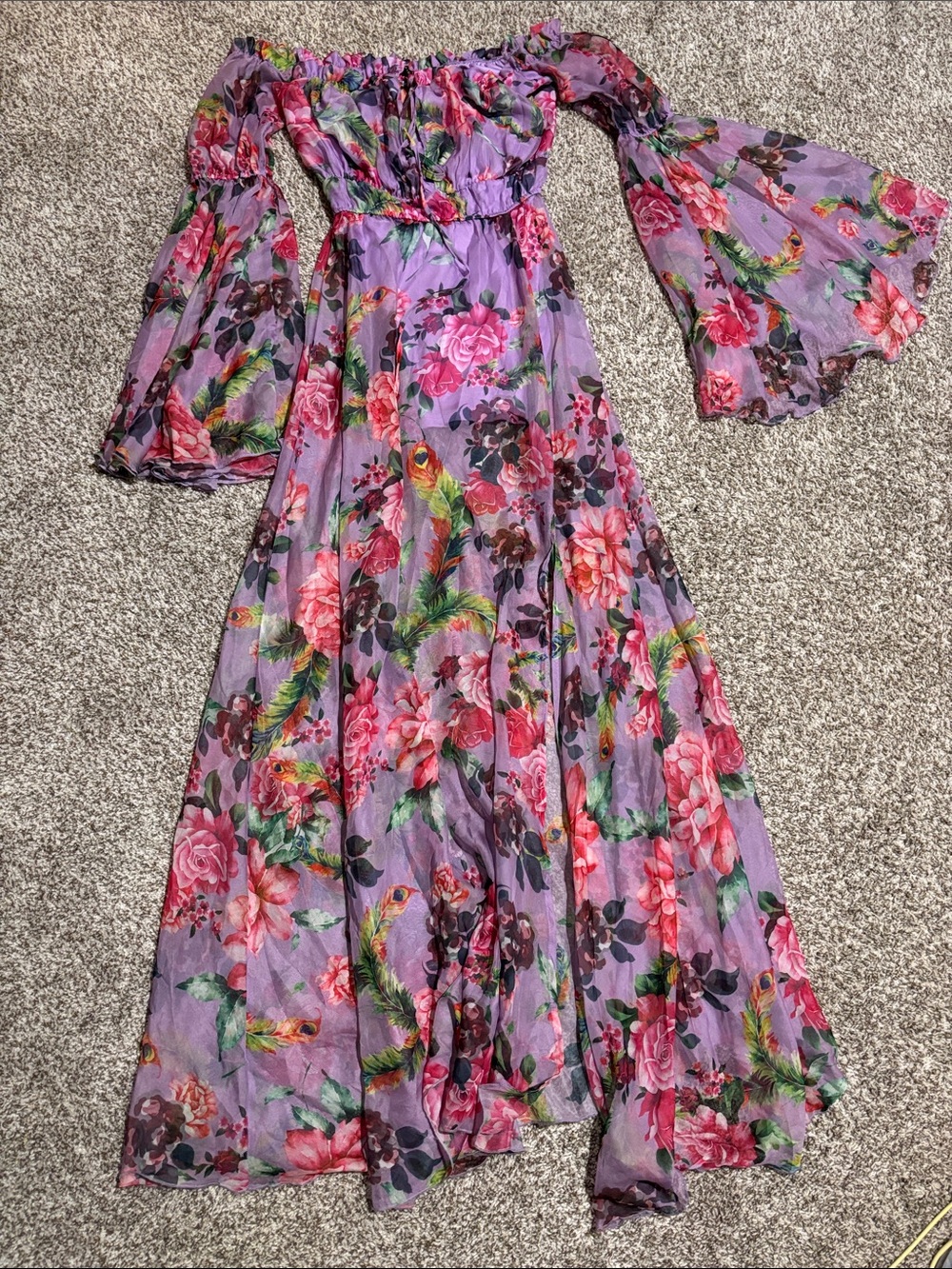 Banjul Lavender Floral Off-Shoulder Maxi Dress with Pink & Green Accents